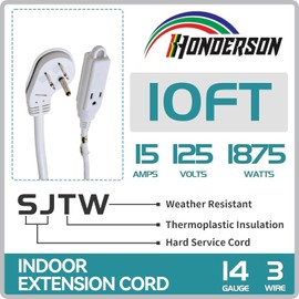 HONDERSON 3-Outlets Flat Plug Indoor Extension Cord Outlet Extender, UL Listed, 14 Gauge 10FT White 3 Prong Heavy Duty, 14/3 SJTW 15A Power Strip