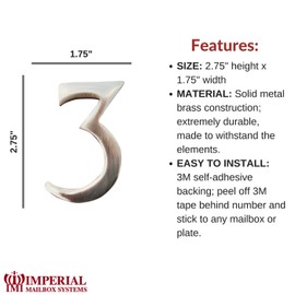 Self-Adhesive 3" inch Imperial Brass Mailbox Number # 3