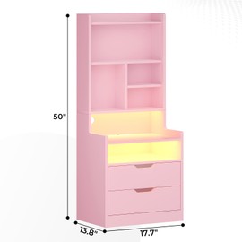 ADORNEVE Charging Nightstand Set of 2 with LED Lights,Tall Night Stand with Bookshelf,Bedside Table with Drawers,Pink Side Tables Bedroom