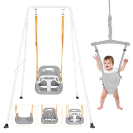 Toddler Swing Set and Baby Jumper, Foldable Baby Swing Set with Metal Stand for Indoor & Outdoor Use, Baby Bouncer Jumper Durable Swing Set for Aged 1-10 Years, Grow with Your Child (White)