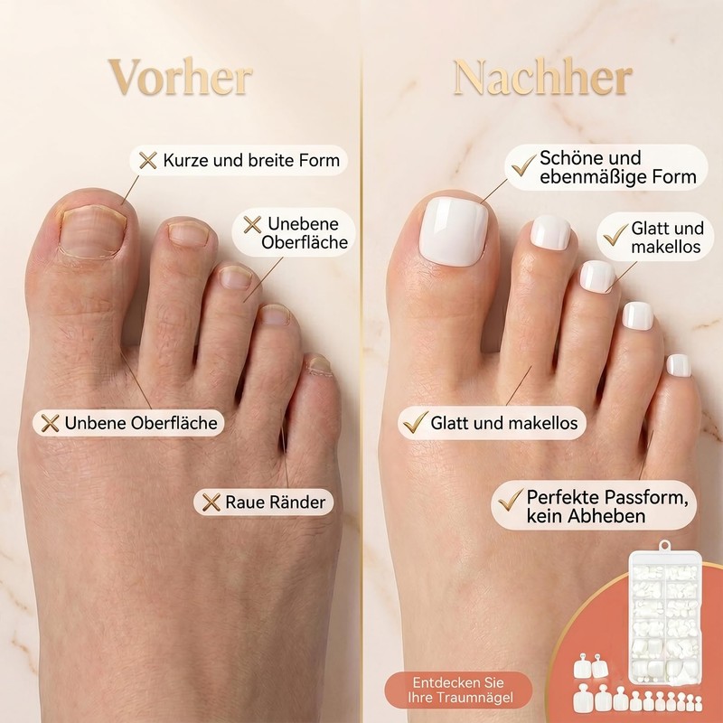 Pack of 120 Glue-On Artificial Toenails - White Square Natural