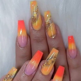IMSOHOT Long Press on Nails Coffin French Tip Fake Nails Yellow Orange Gradient False Nails with Gold Foil Designs Clear Glossy Glue on Nails Glitter Full Cover Ballerina Acrylic Nails for Women 24Pcs