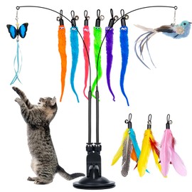Cat Feather Toys, 14PCS Cat Toys with 2 Slots Super Suction Cup, Detachable 2PCS Cat Wand Toys & 11PCS Replacement Teaser Refills with Bell, Interactive Cat Toy for Indoor Cats Kitten Play Exercise