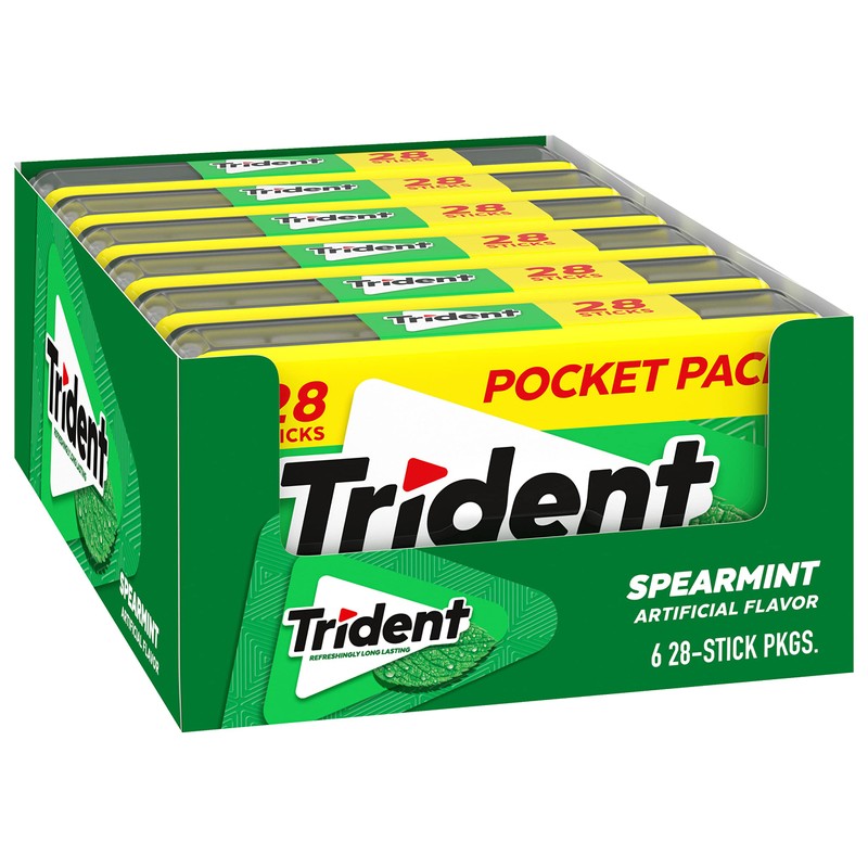Trident Spearmint Sugar-Free Chewing Gum, 6 Pocket Packs of 28