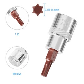 FOCMKEAS 3/8" Drive T25 Torx Bit Socket, S2 Steel Bits, Heat Treated CR-V Steel Star Sockets 1.9" Length