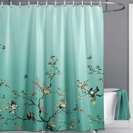 LIVETTY Ombre Green Bird Extra Long Shower Curtain 180cm × 210cm Drop Floral Butterfly Fabric Bathroom Mould Proof Spring Washable Shower Curtain With 12 Hooks