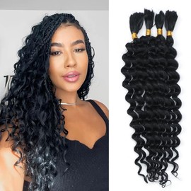 Boho Braids Deep Wave Bulk 4 little pcs for Braiding Knotless Synthetic Hair Blend Extensions Feel Soft 14inch 100gram Bulk Bob Bohemian Deep Curly Braiding Hair (black)