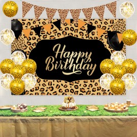 JOYMEMO Cheetah Birthday Decoration - Including Leopard Print Pennant Banner Happy Birthday Backdrop Leopard Printed Balloons Set for Jungle Safari Animal Theme Party Supplies