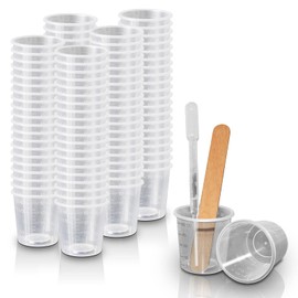 100 Pack – RE-GEN 60ml/2oz Clear RE-USABLE Plastic Graduated Measuring Cup Mixing Transfer Kit + 100 Wood Spatulas + 100 Transfer Pipettes | Ideal for transferring and Mixing Paint, Oils, Liquids