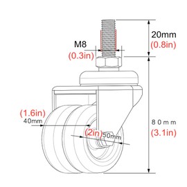 Swivel Castor,Furniture Caster,2" Swivel Stem Caster Wheels Heavy Duty Castor,Double Wheel,Trolley Rubber Wheels,Industrial Transport Casters,Threaded Stem Height 20mm,Load 150kg,4pcs