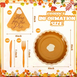 Yungyan 24 Set Fall Thanksgiving Pumpkin Pie Paper Plates Napkins with Forks and Knives for Guests, Disposable Friendsgiving Turkey Party Supplies Pumpkin Autumn Dinner Dessert Dinnerware Decorations