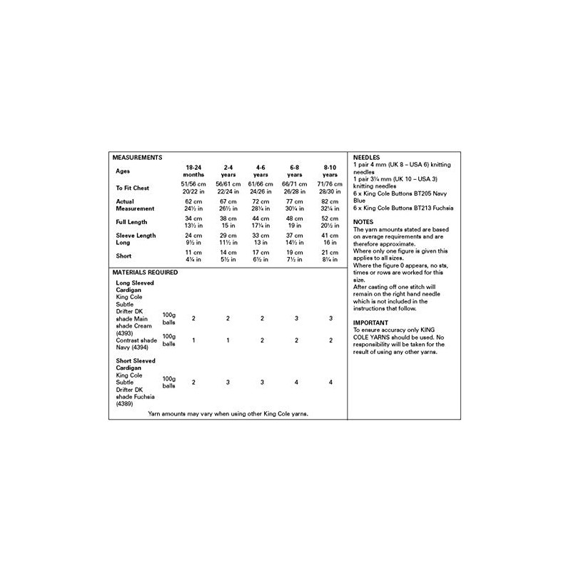 King Cole 5475 Knitting Pattern Childrens Cardigans in Subtle Drifter