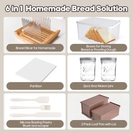 6 In 1 Homemade Bread Slicer With Bread Box For Homemade Bread，Adjustable 304 Stainless Steel Guide With Crumb Tray 2 Loaf Pan With Lid Mason Jars Basting Pastry Brush And Scraper Bread Loaf Slicer