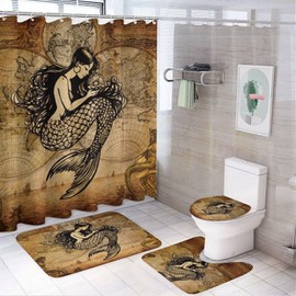 Denruny Rustic Nautical Mermaid 4 Pcs Waterproof Shower Curtain Set,Vintage Coastal Theme Old Maps Pirate Ship Print with Waterproof Toilet Cover Shower Mat Rugs