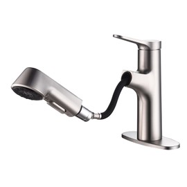 Bathroom Sink Faucet with Pull Down Sprayer, Single Handle Faucet Fits 1 or 3 Hole Installation, 4" Deck Plate Dual Spray Mode Vessel Sink Faucet Brushed Nickel