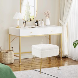 xupersodys Vanity Chair with Storage, 15.7" L x 11.8" W x 17.7" H Teddy Velvet Vanity Stool with Coffee Table and Metal Legs, Multifunctional Makeup Stool for Vanity, Bedroom, and Living Room, White