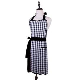 Love Potato 100% Cotton Vintage Gingham Kitchen Apron with Two Pockets, Small to Plus Size Ladies, Great Gift for Wife or Ladies, Black