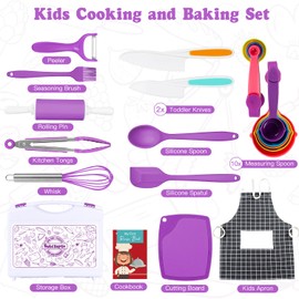 Kids Cooking Sets Real, Kids Cooking and Baking Set with Storage Case Kid Safe Knives Cutting Board Apron Cookbook Toddler Cooking Utensils, Montessori Kitchen Tools, Birthday Gifts for Girls Boys