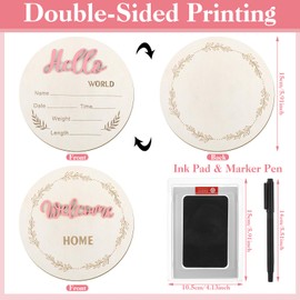 2 Pcs Baby Announcement Sign, 5.9in Hello World Newborn Sign with Ink Pad Pen, Birth Announcement Sign Wood Baby Name Sign for Hospital Nursery Baby Shower Photo Prop