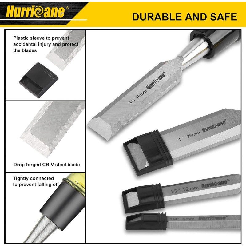 HURRICANE Premium Chisel Set For Woodworking Drop Forged Steel Grip