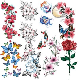 Nirbffo Large Temporary Tattoo Red Flower for Women Body Arm Art Fake Fake Waterproof Tattoo Arm Hand Chest Shoulder Tattoo 10 Sheets