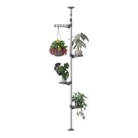 Hershii Indoor Plant Stand Pole Tension Rod Corner Standing Shelf Adjustable Flower Pots Holder Display Rack with 1 Hook & 3 Trays - Grey