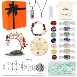 APSARAS USA Crystals and Healing Stones,17 Pcs Healing Crystal Set,7 Raw Chakra Stones Crystals Kit,Colorful Crystal Tree&Colorful Necklaces Bracelet