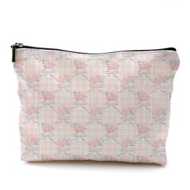 QGFM Coquette Blue Bow Rose Floral Makeup Bag, Coquette Pink and White Checkered Preppy Cosmetic Bags for Women, Preppy Girly Stuff, Aesthetic Pink Plaid Flower Zipper Makeup Pouch
