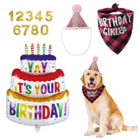 UOCAI Dog Birthday Hat Bandana Set, Puppy Birthday Outfit, Dog Birthday Bandana Hat with 8 Bling Numbers, Dog Birthday Decoration, Pet Happy Birthday Bandana, Dog Birthday Gift