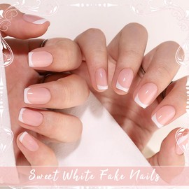 ZEPIQOR Pack of 24 Square Nails for Gluing, French Tip Press On Nails Short, Nude Natural White French Fake Nails with Nail Glue for Women Nail Art, Nails for Gluing