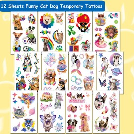 CHARLENT Funny Cat Dog Temporary Tattoos - 12 Sheets Cute Dog Cat Meme Tattoos for Kids Birthday Decorations Party Supplies, School Rewards Gifts Ideas for Girls Boys