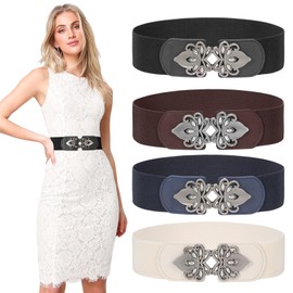 4 Pack Women Wide Elastic Waist Belt for Dress Vintage Stretch Cinch Belt Retro Buckle