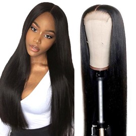 Creuost Straight Wig 4X1 T-Part Lace Frontal Human Hair Wigs No Tangle Pre Plucked Glueless Brazilian Remy With Baby Hair For Women 1B Natural Black Color 18 Inch