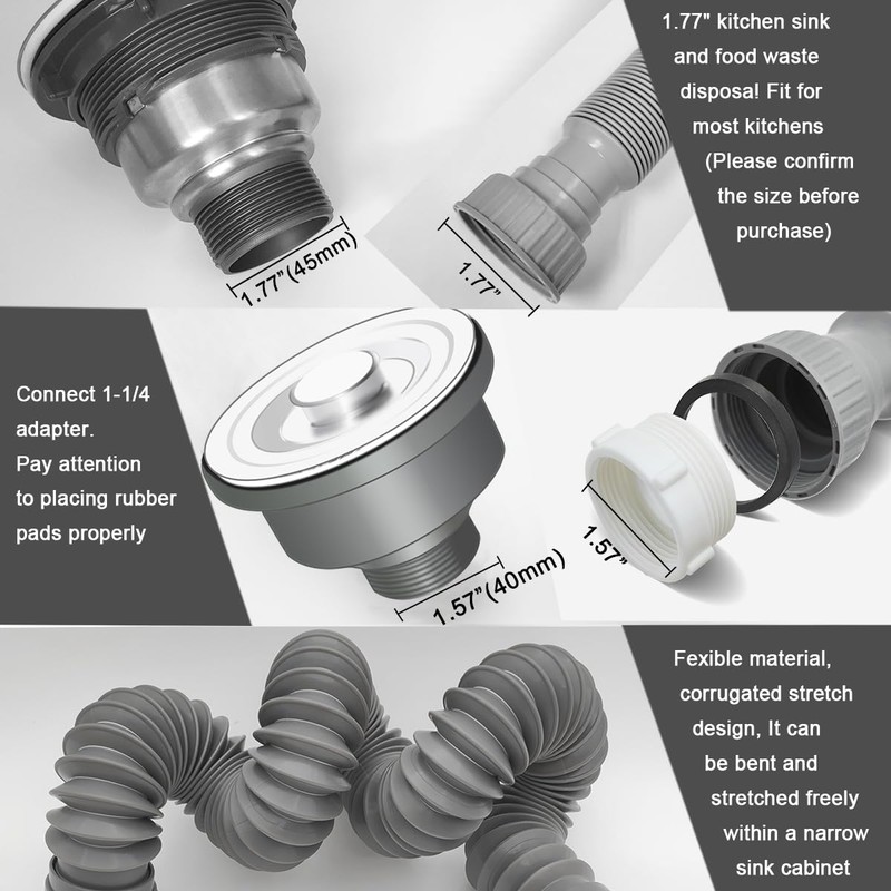 1-1/2" Sink Drain Pipe Kit, Flexible Drain Pipe P Trap,