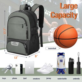 OCKLILY Basketball Backpack for Boys, Waterproof Basketball Bag Soccer Backpack with Ball and Shoe Compartment, Volleyball Backpacks Sport Gym Bags Soccer Bag for School Travel, Grey