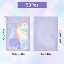 SOFPLATE 50Pcs 4.5 x 6 Foil Sample Bag Small Holographic Pouch with Clear Window Resealable Iridescent Plastic Food Storage Smell Proof Bags for Small Business Sample Jewelry Eyelash Gloss Packaging