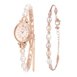 Avaner Pack of 2 Women's Watches Fashion Bracelet Watch Oval Round Small Watch Women's Analogue Watch with Natural Pearls Women's Watch Jewellery Clasp Bracelet Bracelets for Women, 2 pieces: oval