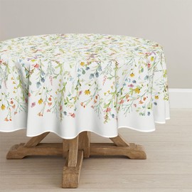 Horaldaily Spring Tablecloth 70×70 Inch Round, Light Green Flowers Washable Seasonal Table Cover for Party Picnic Dinner Decor