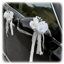 Handmade 4 White Dual-Head Wedding Car Decorations – Artifical Flowers,Floral Ornaments with Suction Cups & Ribbons for Rearview Mirrors and Door Handles
