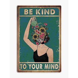 Vintage Metal Tin Sign Be Kind to Your Mind Green Boho Room Aesthetic Decoration Land Lady Gift Floral Woman Gift for Plant Lovers Home Kitchen Bedroom Coffee Office Wall Decor 8x12 Inch