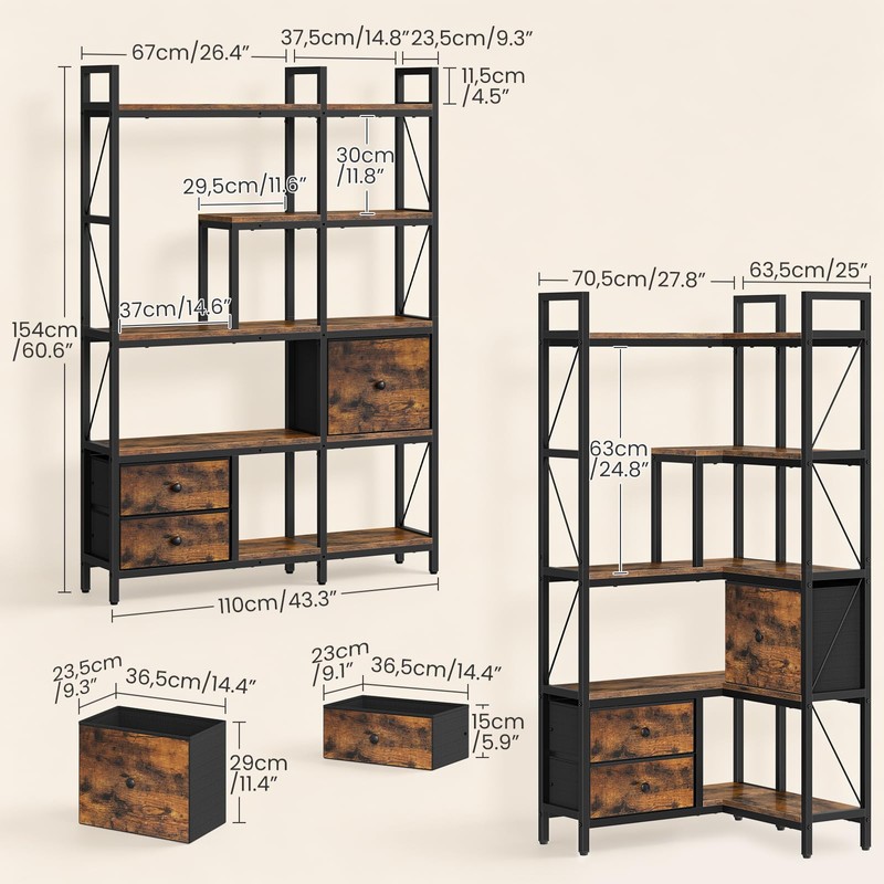 CHOEZON Corner Bookshelf, 5-Tier L-Shaped Bookcase with Drawers and Storage