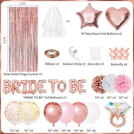 Rose Gold Bachelorette Party Decorations Supplies, Bride To Be Bridal Shower Decorations，Veil, Fringe Curtains, Confetti and Diamond Ring Balloon， Heart foil ,star aluminum foil balloons.