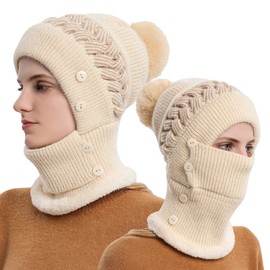 TAGVO Women Winter Warm Knitted Cap Hat＆Neck Warmer Sets, Double Layer Fleece Lined Beanie Hat with Faux Fur Bobble Pom pom, Flexible Adjustable Face Mask, Women Ladies Winter Outdoor Sports Hat