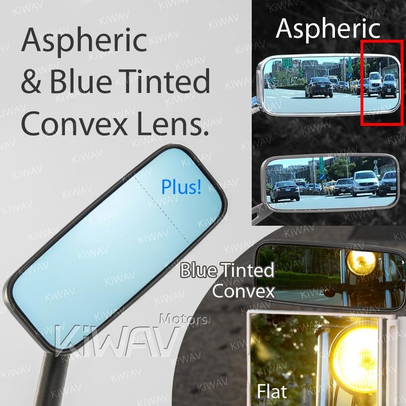 KiWAV Motorcycle Mirrors Rectangular ClassicPlus Black Convex Aspherical Anti-Glare Blue