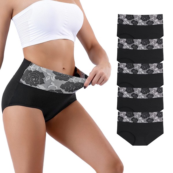 Honzadar Womens High Waist Underwear,Tummy Control Briefs,Postpartum Panties,Full Coverage(5Black-M)
