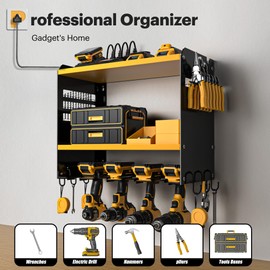 Spampur Power Tool Organizer Wall Mount with Charging Station, Tool Battery Holder with 4 Outlet Power Strip15 Min Assembly & Maximum 100lb Load by Heavy Duty Metal, 4 Slots for Cordless Drill