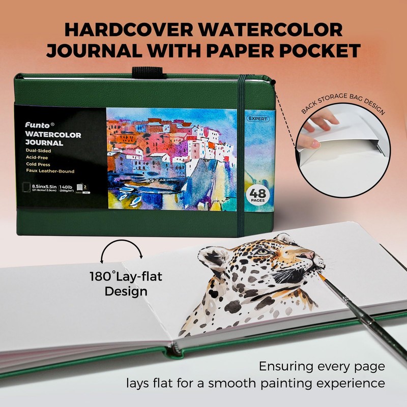Funto Watercolor Journal, 8.5x5.5", 2 Pack, 48 Pages Each, Green
