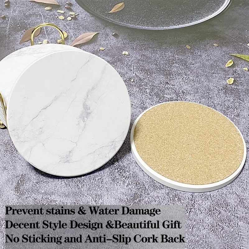 White Coasters,Geichan Coasters Set of 6, Ceramic Marble Coaster with