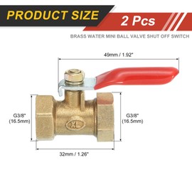 sourcing map 2Pcs Brass Water Mini Ball Valve Shut Off Switch, G3/8" Female x G3/8" Female Tubing Fitting Straight Coupling Adapter, 180 Degree Operation Handle, Brass Valve