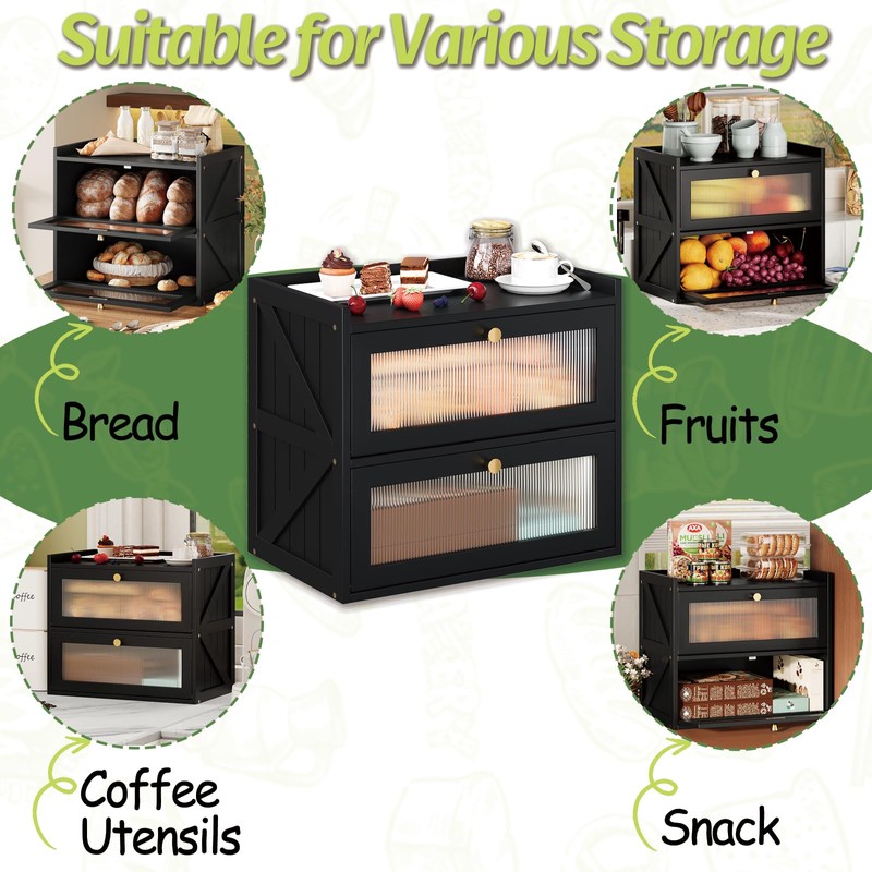 Trironsun Farmhouse Double Layer Black Bread Box with Acrylic Door